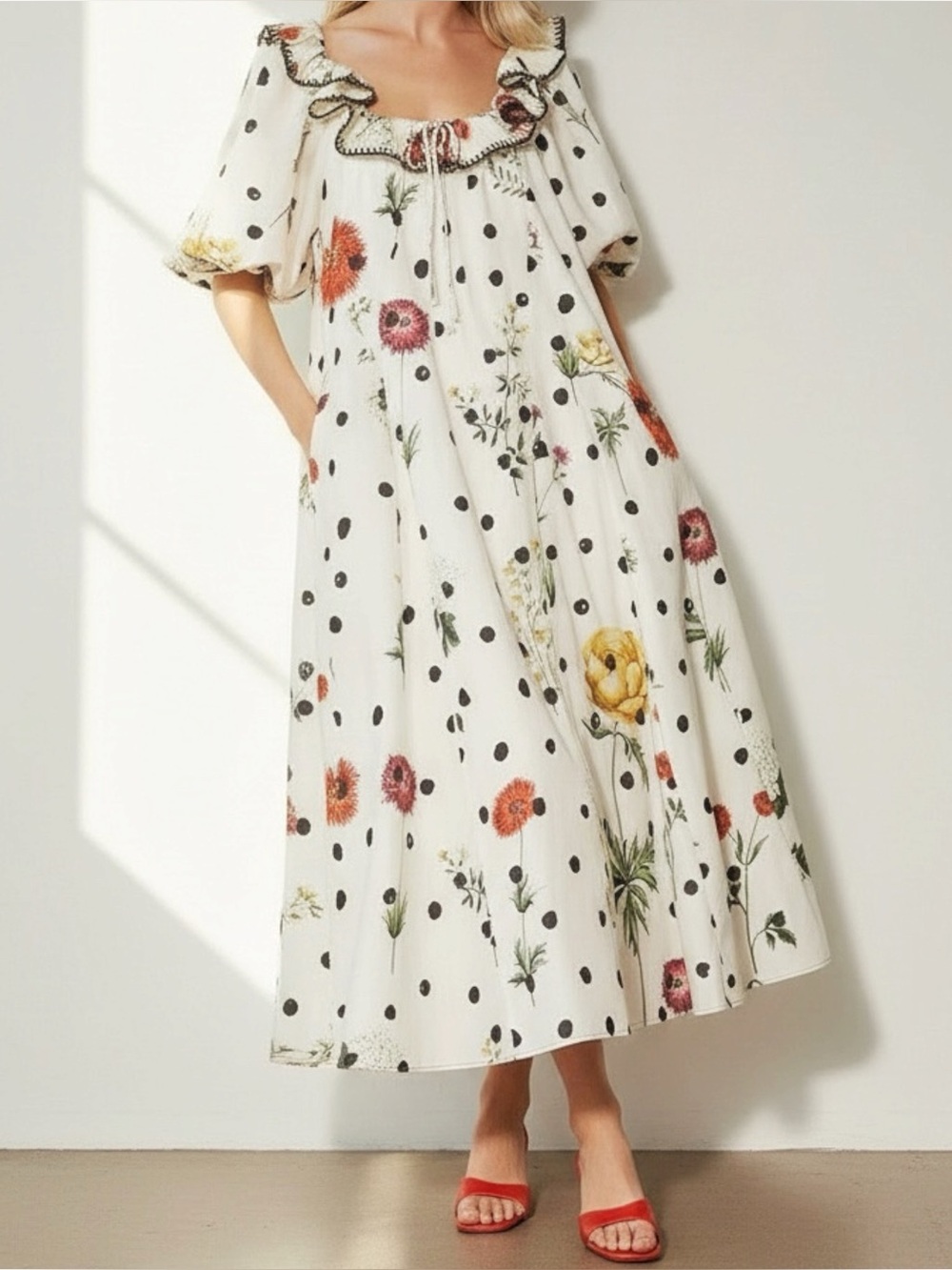 NEW ZOCO. Good Luck Puff Sleeve Dress, Polka Dot Floral, Large